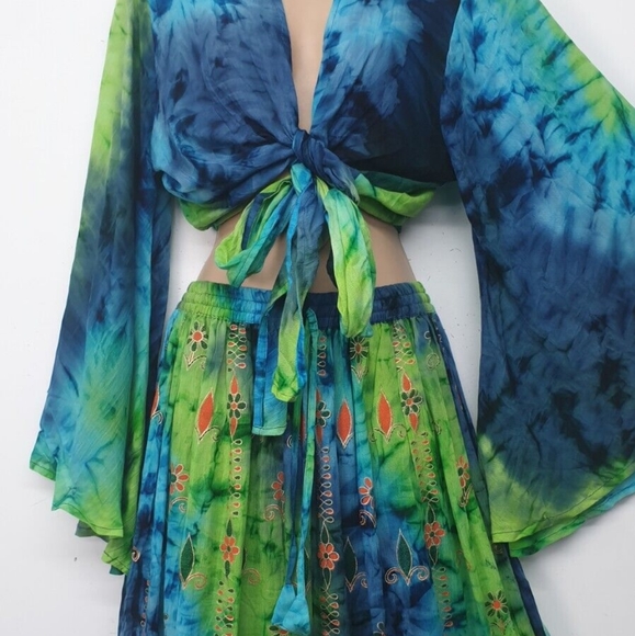 Boho 2 Piece Blue & Green Multicolor Tie Dye Top & Skirt Set - Picture 5 of 5